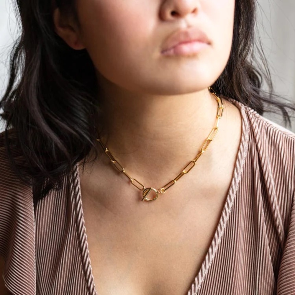 Shashi gold vermeil plated chain paperclip necklace choker statement with toggle